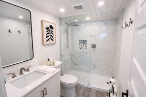 Shower, hair dryer, towels