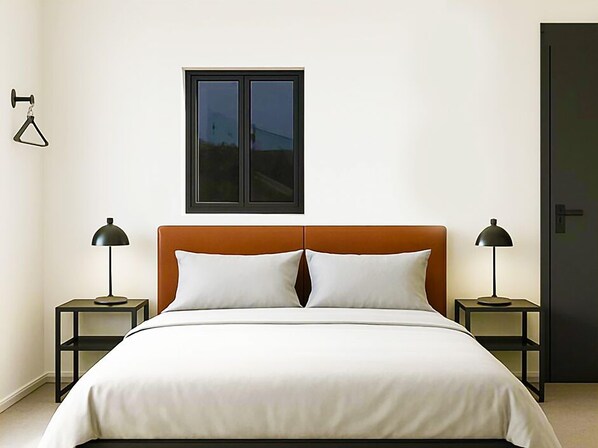 A bedroom with a bed, two bedside tables, a window, and a door.