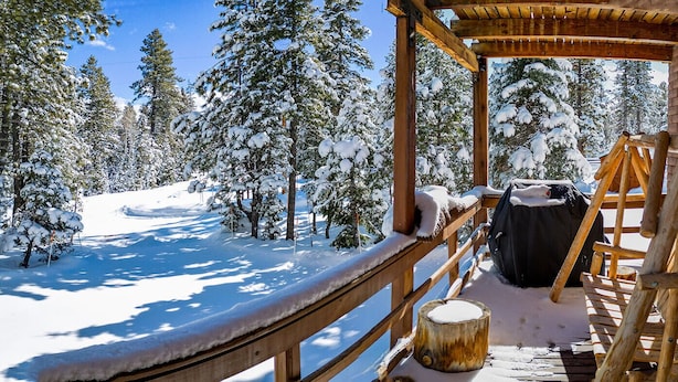 Una cabaña de madera con un porche cubierto, árboles cubiertos de nieve y una terraza de madera.