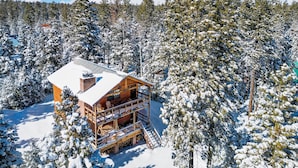 Una cabaña de madera rodeada de árboles cubiertos de nieve.