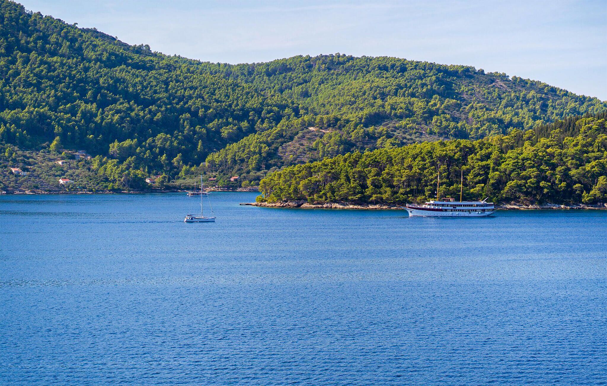 A coastal scene with a large body of water, a sailboat, and a ferry.
