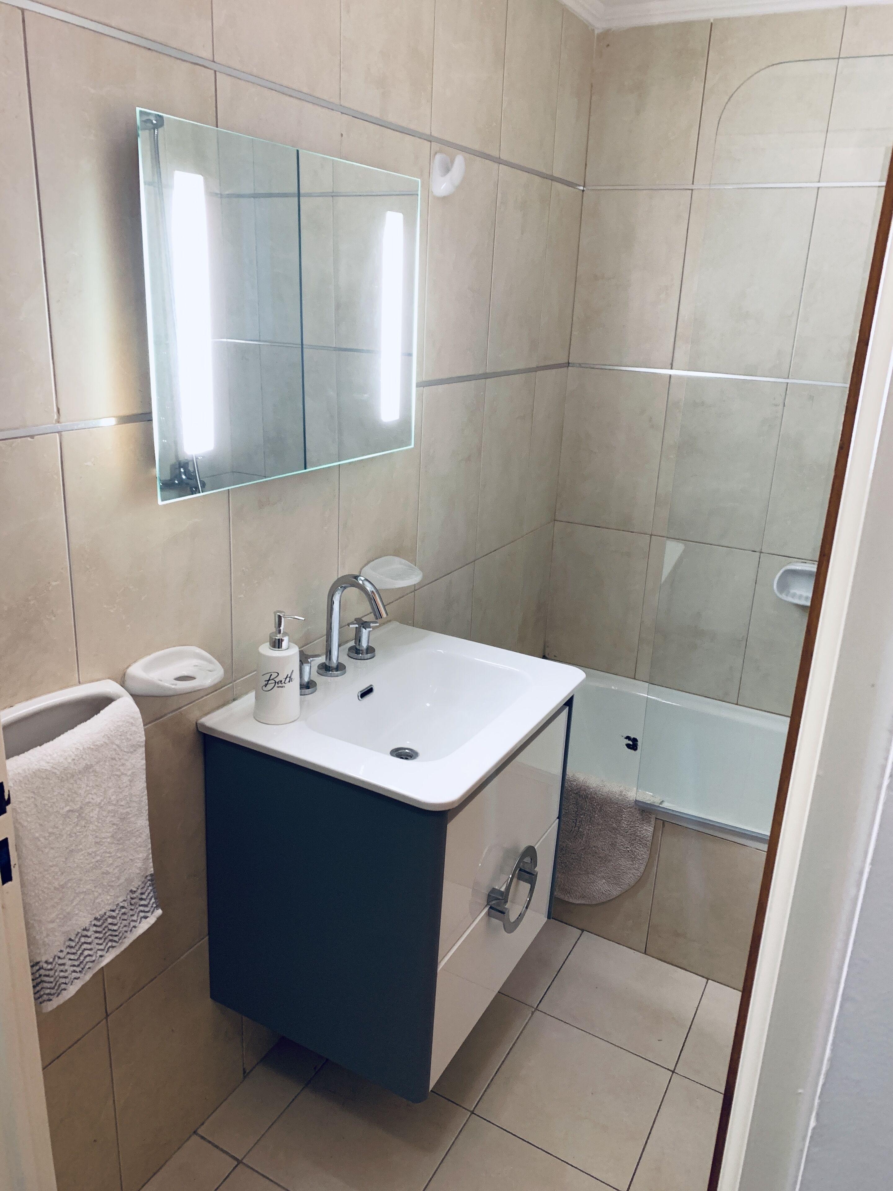 Hair dryer, bidet, towels, soap