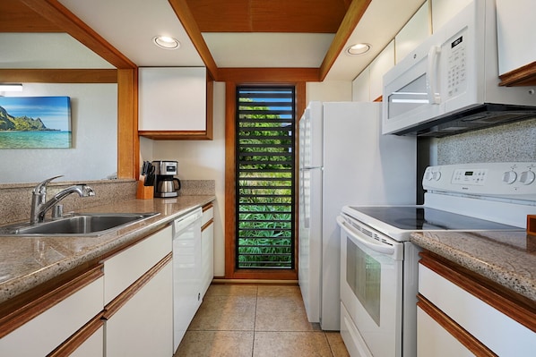 Fridge, microwave, oven, stovetop