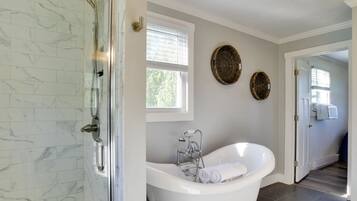 Hair dryer, towels, soap, shampoo