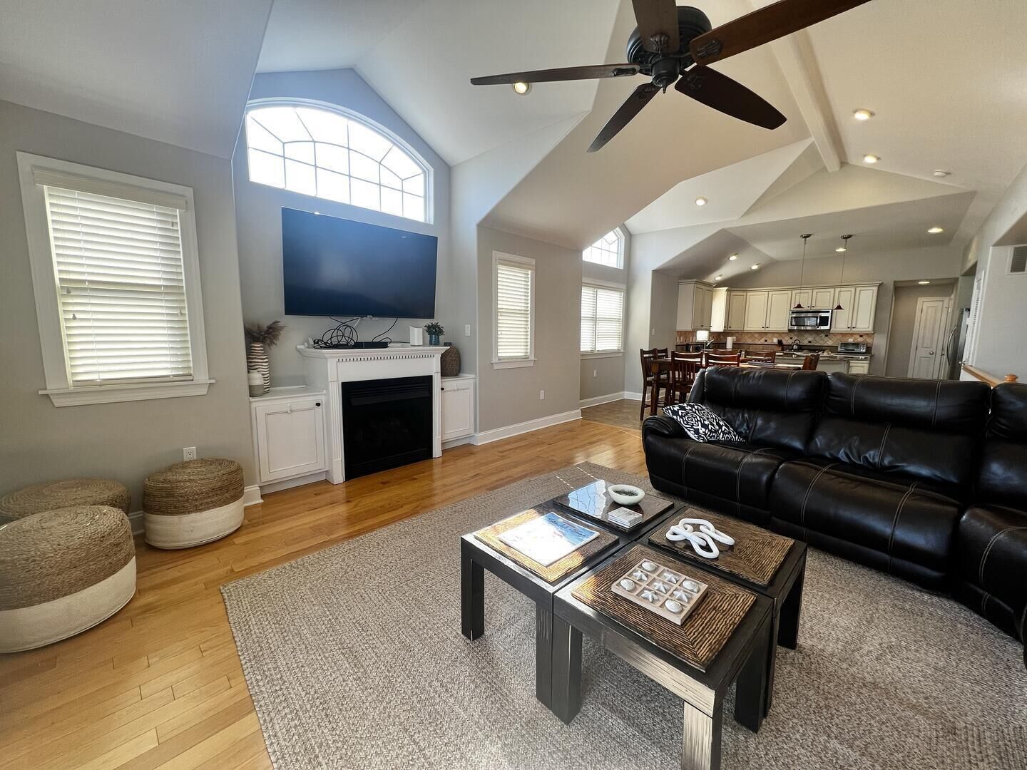 Smart TV, fireplace, books