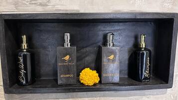 Hair dryer, towels, soap, shampoo