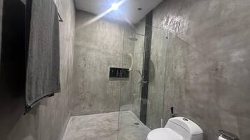 Hair dryer, towels, soap, shampoo