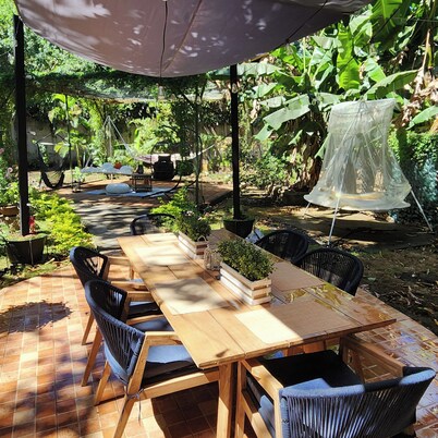 Rustic Cottage Style w/ Relaxing Suspended Hangout Pods! Tranquil water sounds.