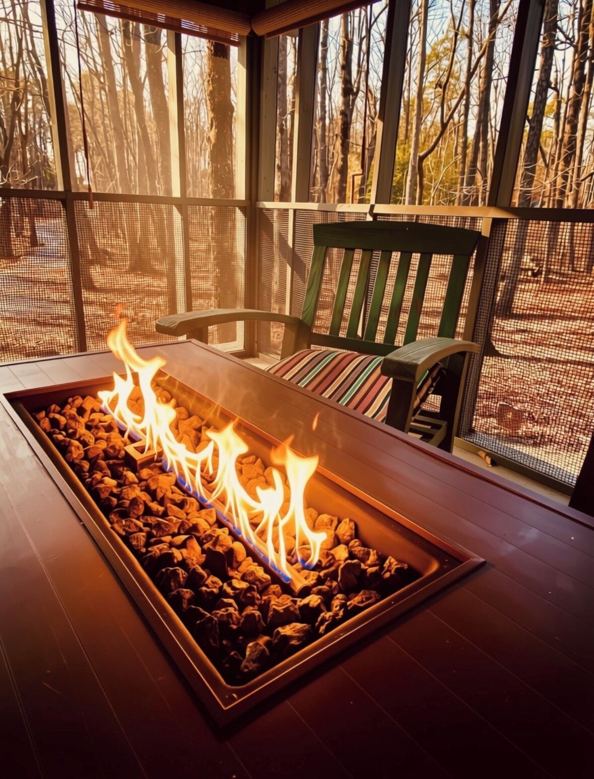 A fire feature with logs, a bench, and a view of trees through a screened area.
