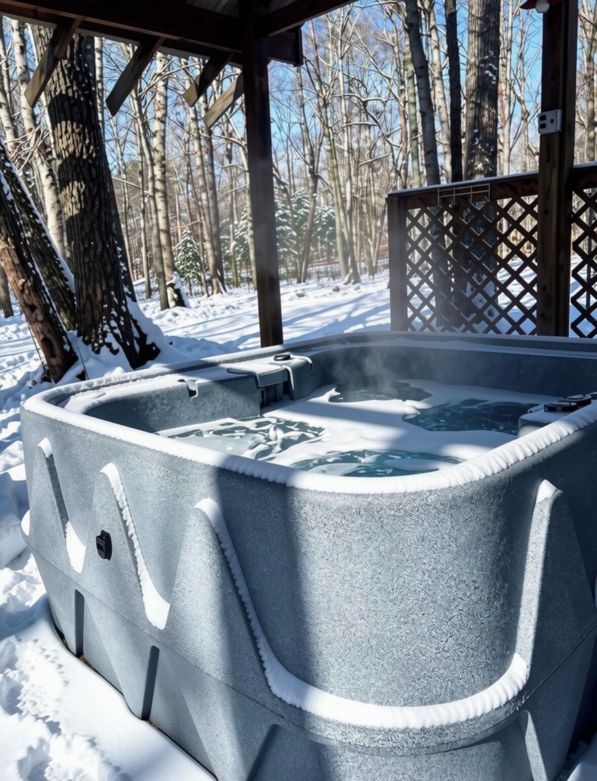 Un bain à remous installé dans un cadre extérieur enneigé, surmonté d’une pergola en bois.