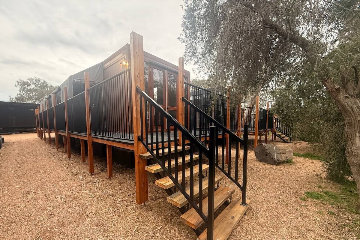 Una terraza de madera con una escalera que lleva a un espacio cubierto, rodeada de árboles y un suelo de grava.