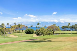 A golf course with a clear view of the ocean and mountains in the background.