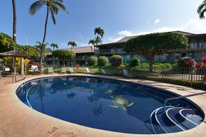 Ein Pool mit glasklar blauem Wasser, umgeben von einem Zaun, Palmen und einem Gebäude mit mehreren Balkonen.