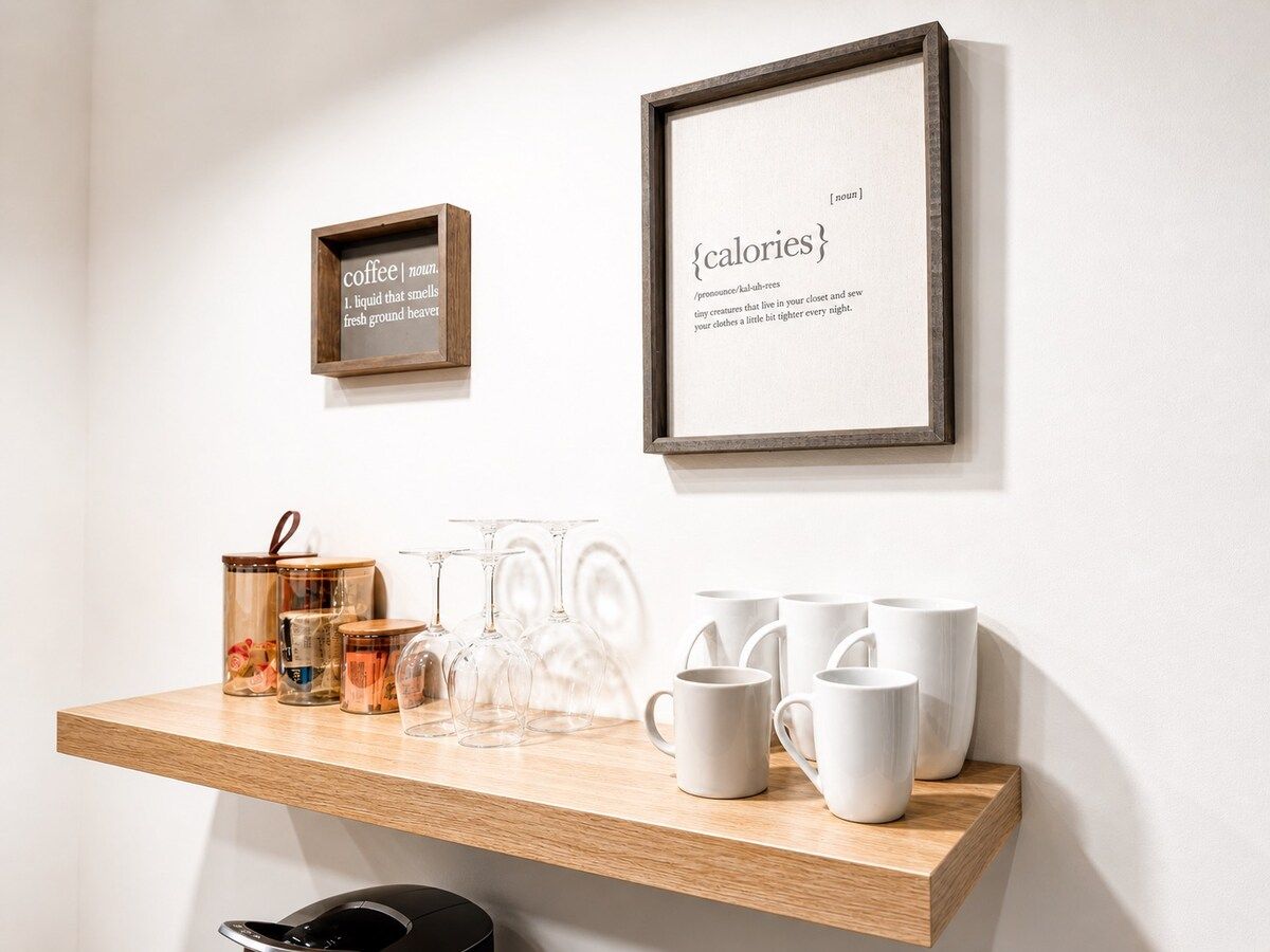 A wooden shelf with jars, glasses, and white mugs against a white wall.