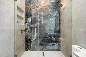 Hair dryer, towels, soap, shampoo