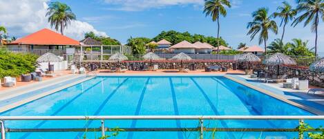 A swimming pool with lounge chairs and umbrellas, surrounded by palm trees and buildings.