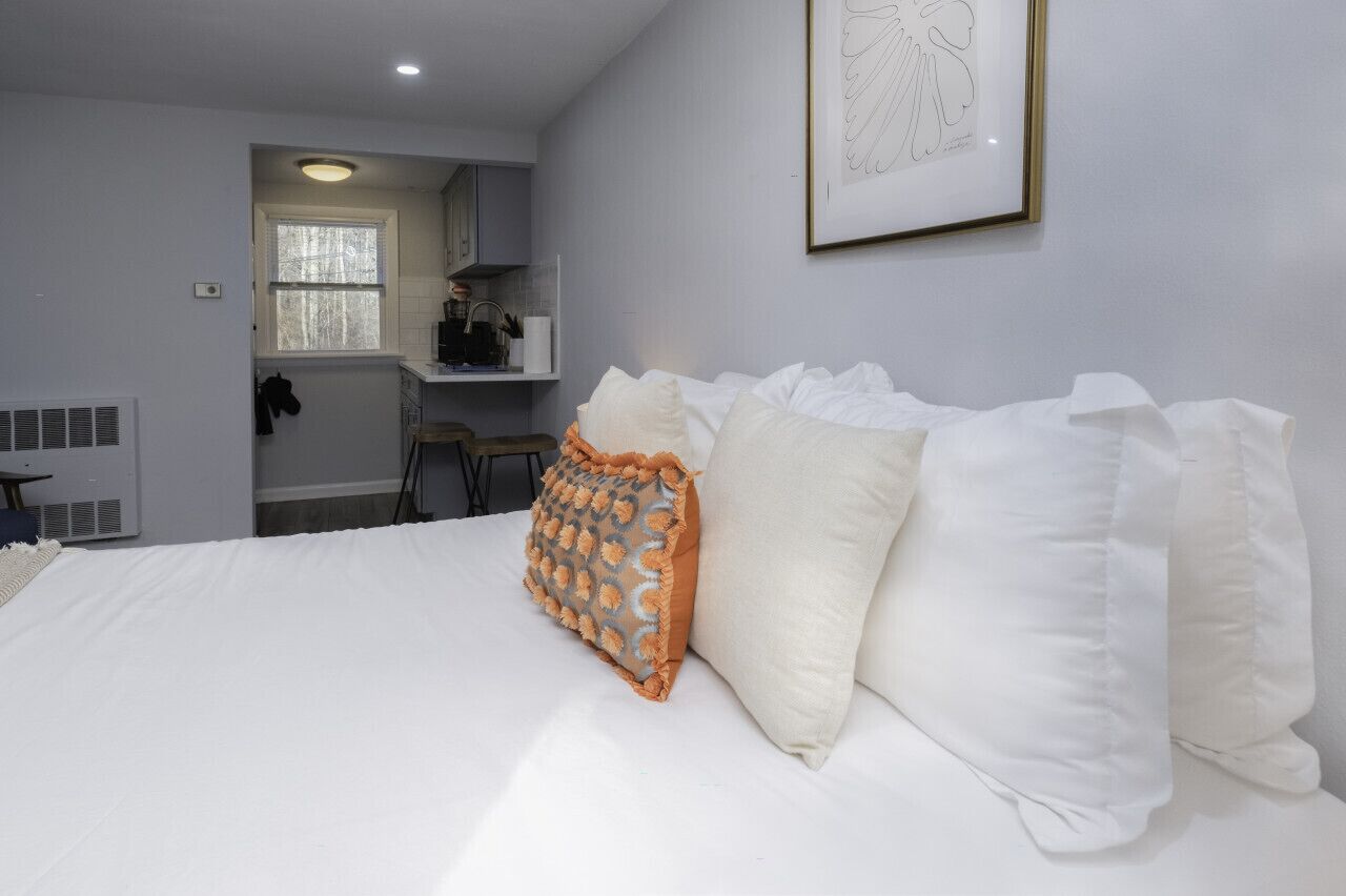 A bedroom with a bed, pillows, a framed picture, and a kitchenette in the background.