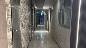 A modern hallway with a brick wall on one side and a metallic wall on the other, leading to a door marked '101'. - The on tourist hotel (Seosan)