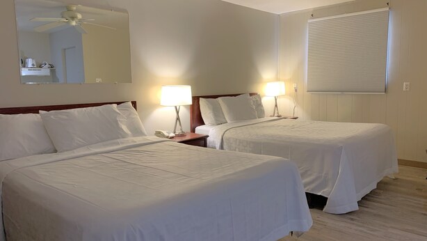Habitación de hotel con dos camas, ventilador de techo, espejo, ventana con persianas y lámpara de noche.