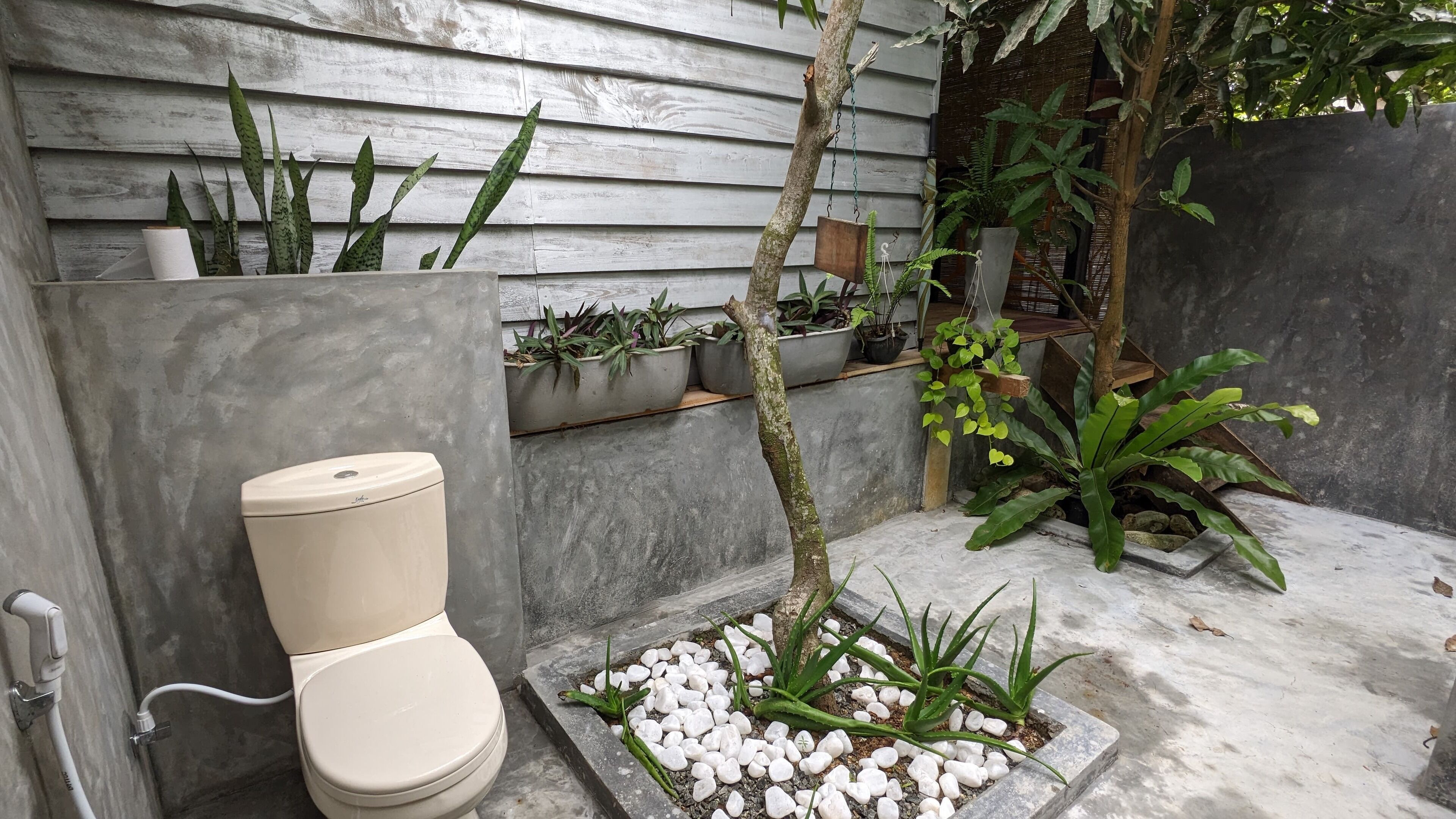A toilet with a water tank, a concrete planter with white pebbles and green plants, and a grey wooden wall with various potted plants.
