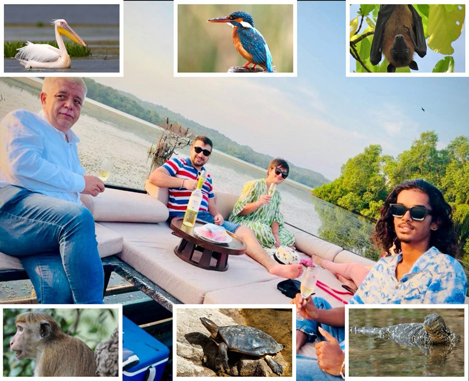 A group of people on a boat with a lake and greenery in the background.