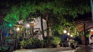 An outdoor garden area with potted plants, a pergola, and hanging lights. - Soul Villas (Tangalle)
