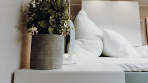 A neatly made bed with white linens and pillows, a bedside plant in a textured pot, and a white bedside table. - Wohnungtraveller Geislautern (Völklingen)