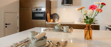 Kühlschrank, Ofen, Herdplatte, Wasserkocher mit Kaffee-/Teezubehör