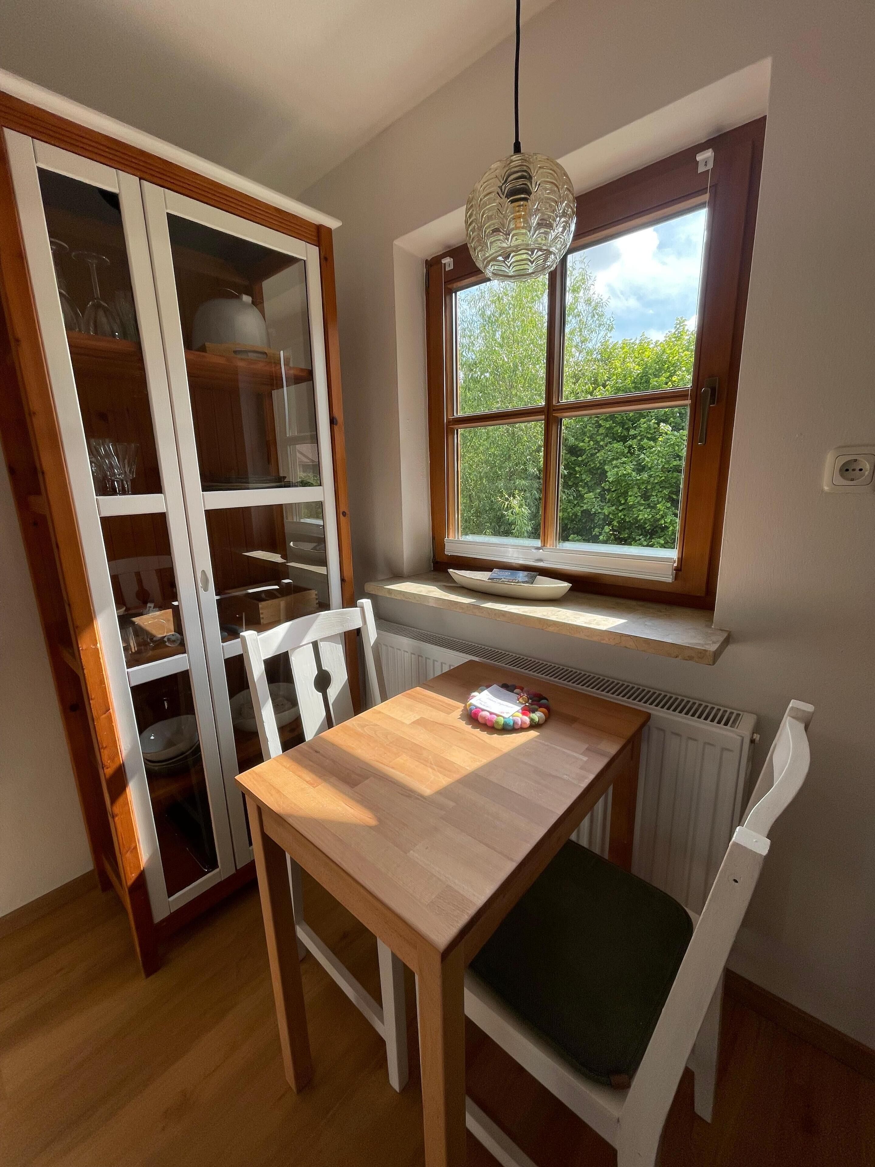 Een eetgedeelte met een houten tafel en stoelen, een raam met uitzicht op groen, en een hanglamp.