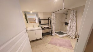 Hair dryer, towels, toilet paper