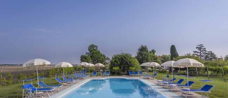 Seasonal outdoor pool, pool umbrellas, pool loungers