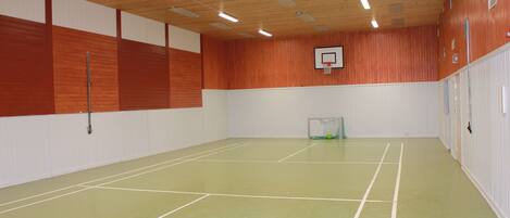 An indoor sports hall with a basketball court, wooden walls, and fluorescent lighting.