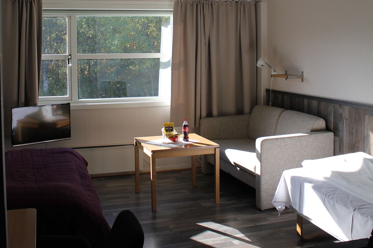 Quarto de hotel com cama, sofá, mesinha e janela com cortinas.