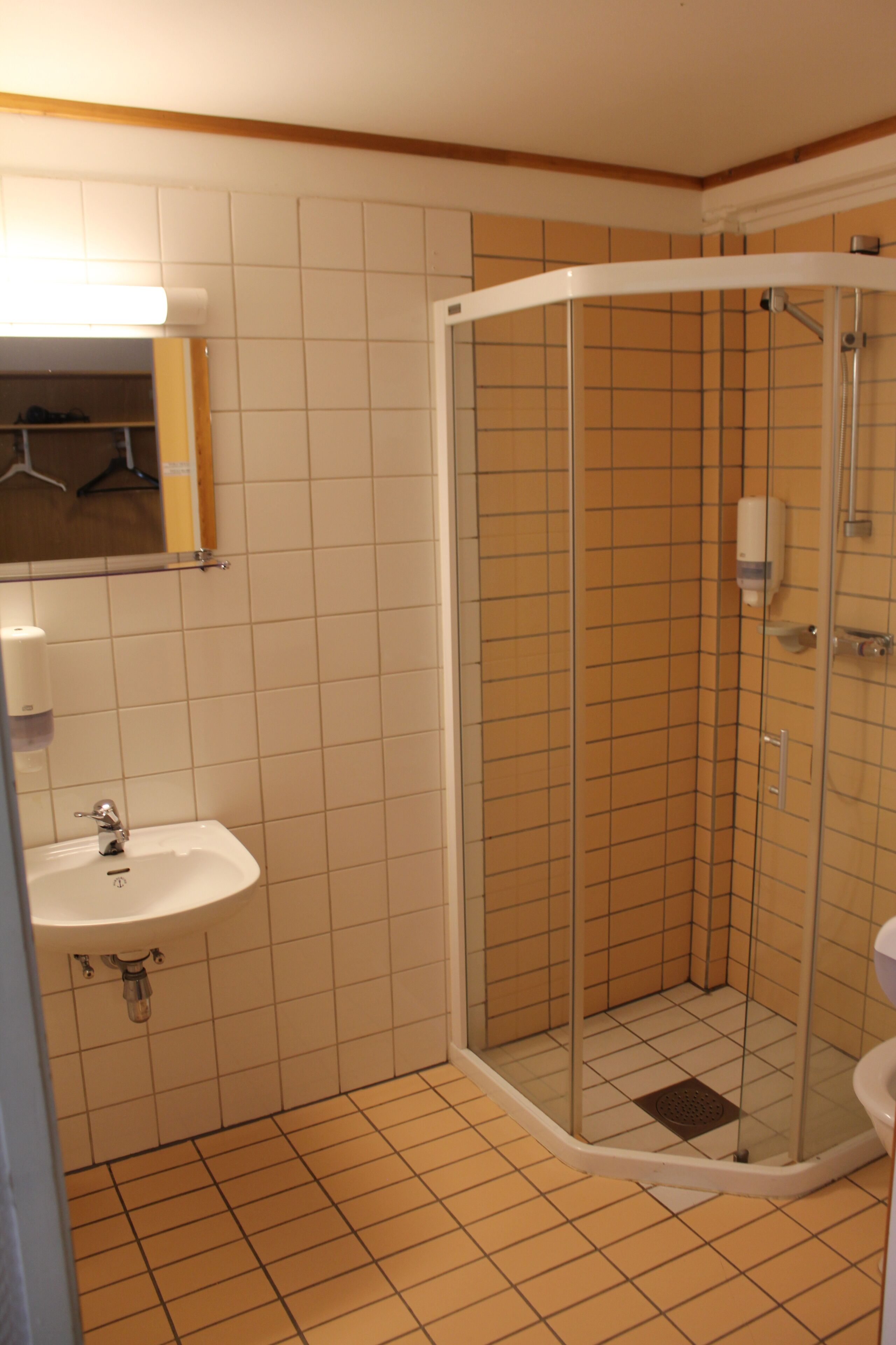 Un baño con ducha de vidrio, un lavabo y un espejo.