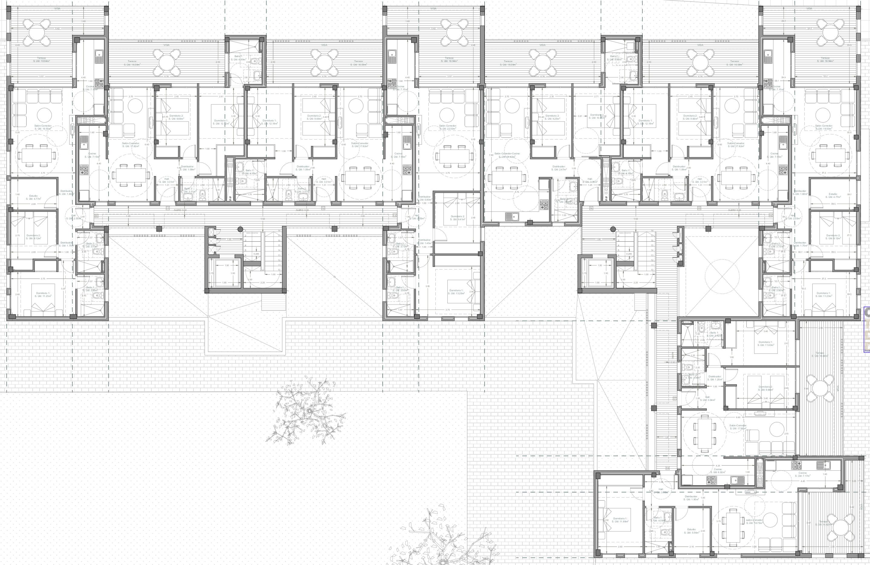 Ein detaillierter architektonischer Grundriss eines Hotels mit zahlreichen Zimmern, darunter Schlafzimmer, Badezimmer und Gemeinschaftsbereiche.