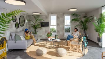 Een moderne woonkamer met een bank, stoelen, een salontafel en potplanten.