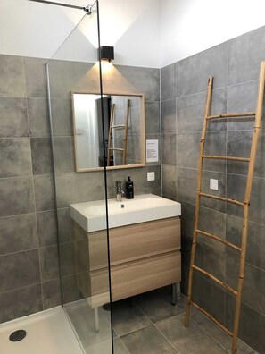 Shower, hair dryer, towels