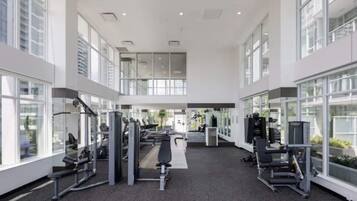 A modern gym with various exercise machines, large windows, and a spacious layout.
