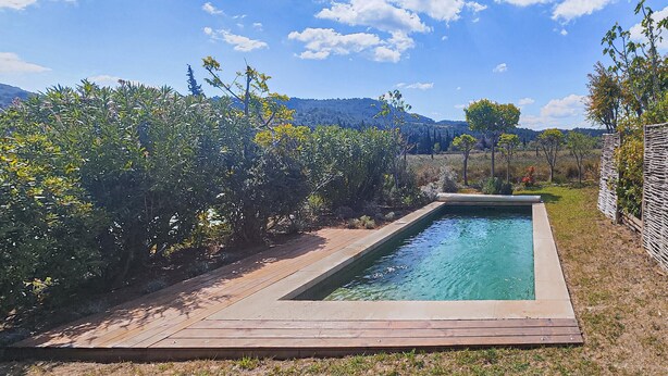 Ein rechteckiger Swimmingpool mit einer Holzterrasse, umgeben von üppiger Bepflanzung und Bäumen, vor einer Hügellandschaft.