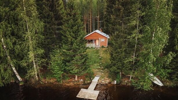A cabin surrounded by dense forest, with a dock extending into a body of water.