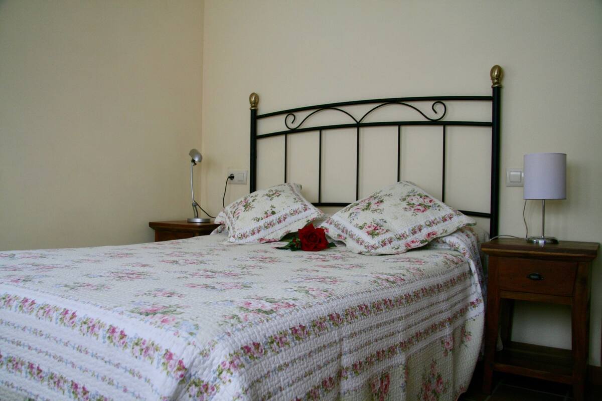 A bed with a floral bedspread, two pillows, a bedside lamp, and a nightstand with a lamp.