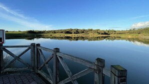 Eine hölzerne Mole, die sich über ruhiges Wasser erstreckt, mit blauem Himmel und Bäumen im Hintergrund.