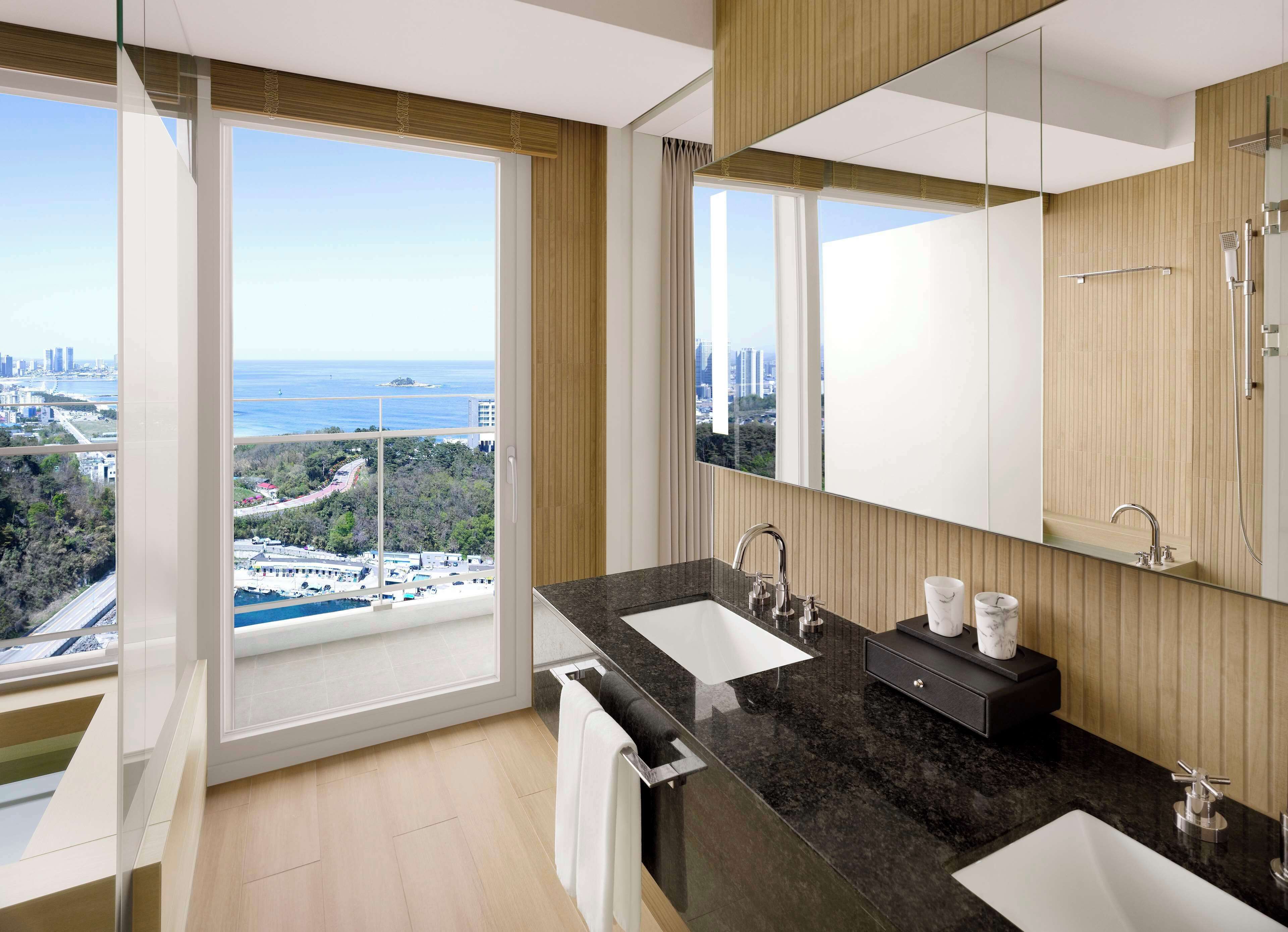 A modern bathroom with two sinks, a large mirror, and a view of a cityscape through large windows.