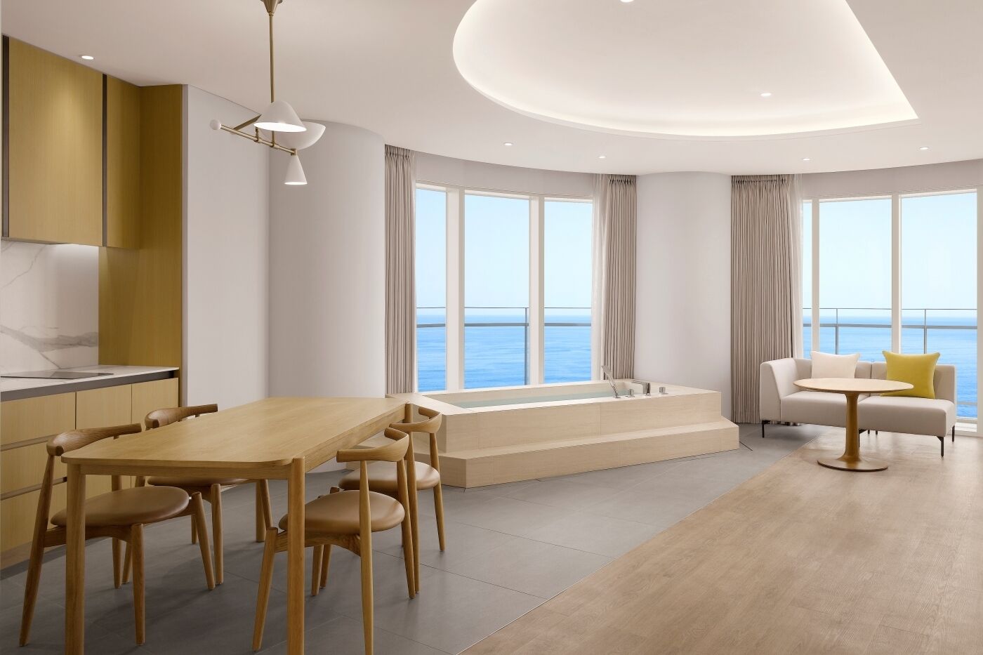 Fridge, electric kettle, cookware/dishes/utensils, dining tables