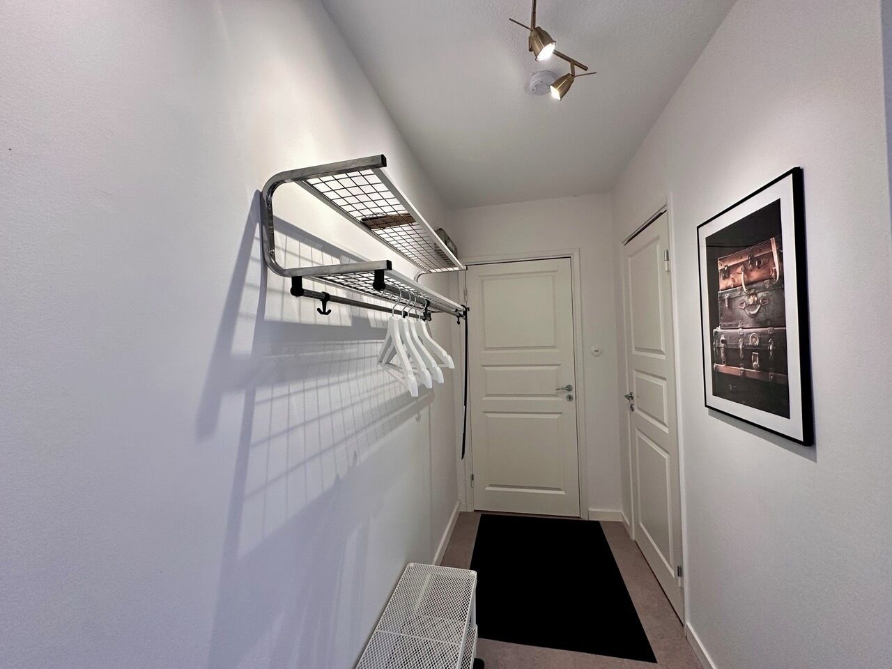 A narrow hallway with a metal drying rack, a door, and a framed picture on the wall.