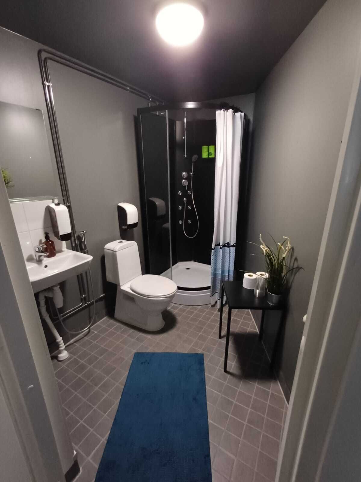 Ein kleines Badezimmer mit Toilette, Waschbecken und Dusche.