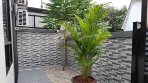Ein Blumentopf mit Pflanze in einem Innenhof mit gefliestem Boden und einer Steinmauer.