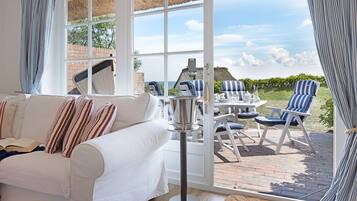 TV, fireplace, books, stereo