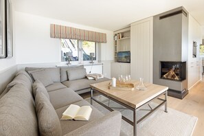 TV, fireplace, DVD player, books