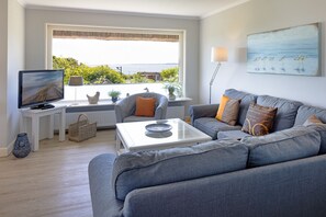 Tv, ett bordtennisbord, böcker och en stereo